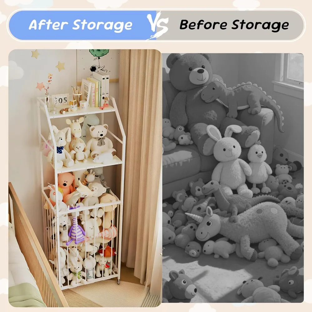 حديقة حيوانات كبيرة محشوة بالخشب والمعدن، حامل ألعاب قطيفة من 3 طبقات مع عجلات فرامل لتوفير المساحة