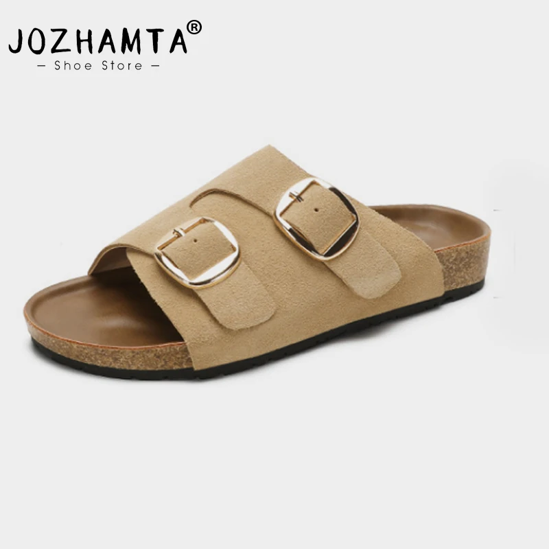 JOZHAMTA Size 35-40 Women Flats Slides Slippers Real Leather Low Heels Summer Shoes 2025 Ins Fashion Casual Beach Daily Dress