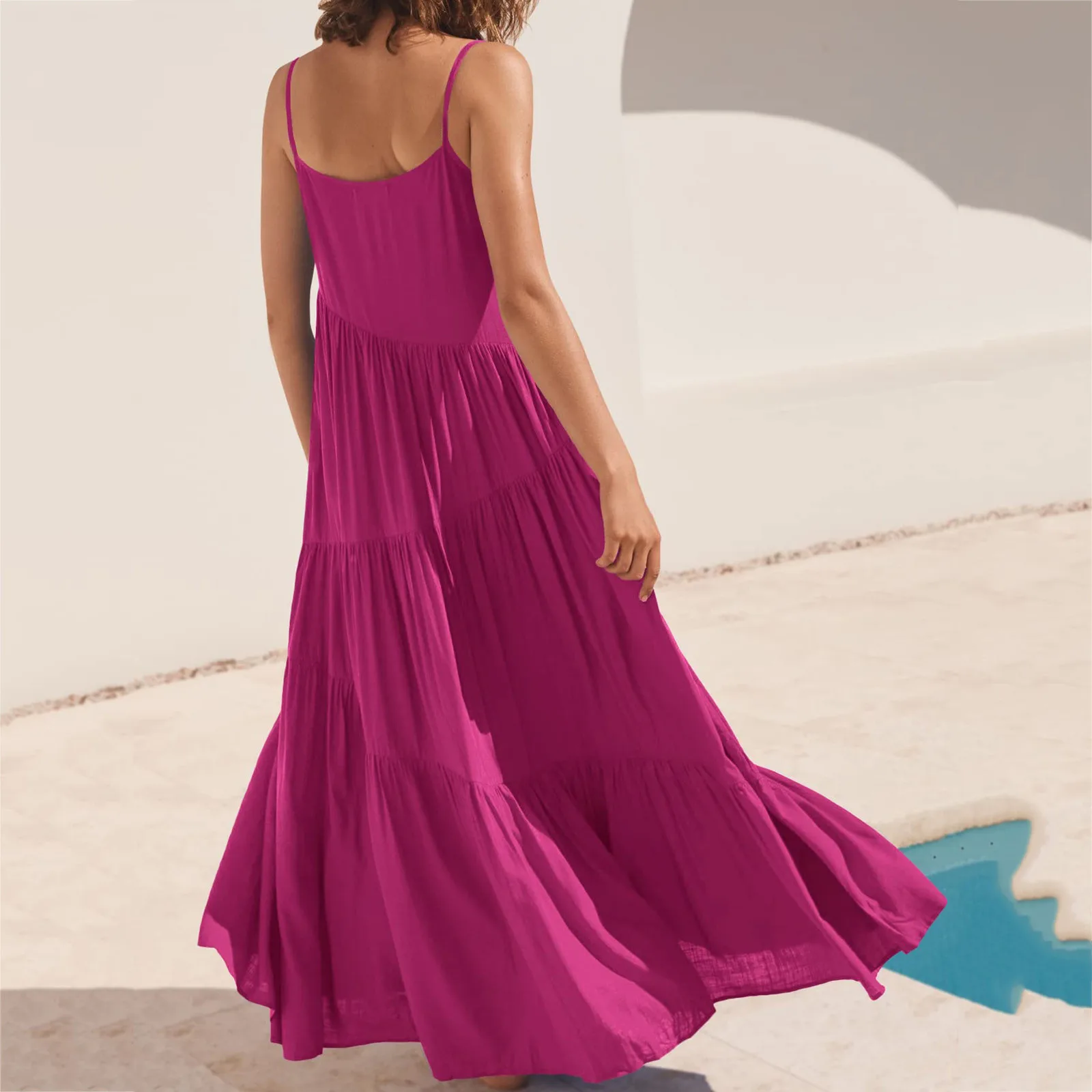 Women Summer Vacation Casual Pleated Loose Backless Dress Sexy Hot Pink Spaghetti Strap Beach Cover Up Long Cami Maxi Dresses