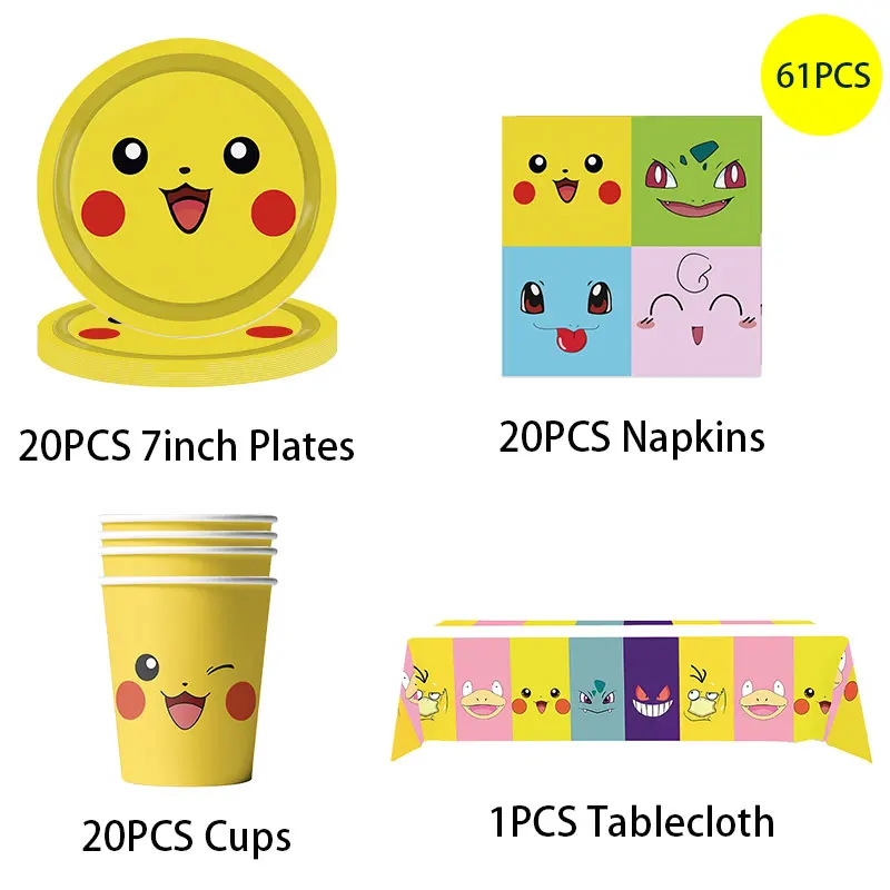 Juego de vajilla desechable con tema de Pikachu de dibujos animados para niños, decoración de fiesta de cumpleaños de Pokémon, taza, plato, globos,