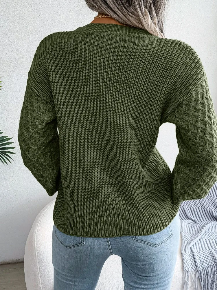 2024 Autumn Winter Casual Lantern Long Sleeved Knitted Sweater Fashion Army Green Round Neck Sweater Elegant Knitted Pullover
