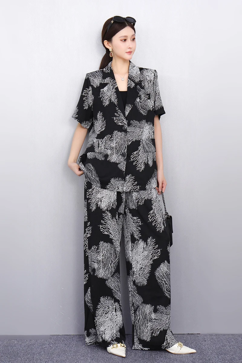 

2025 Summer New Women's Thin Suit Set Loose Print Top Wide Leg Pants Two Piece Set Wholesale J1143