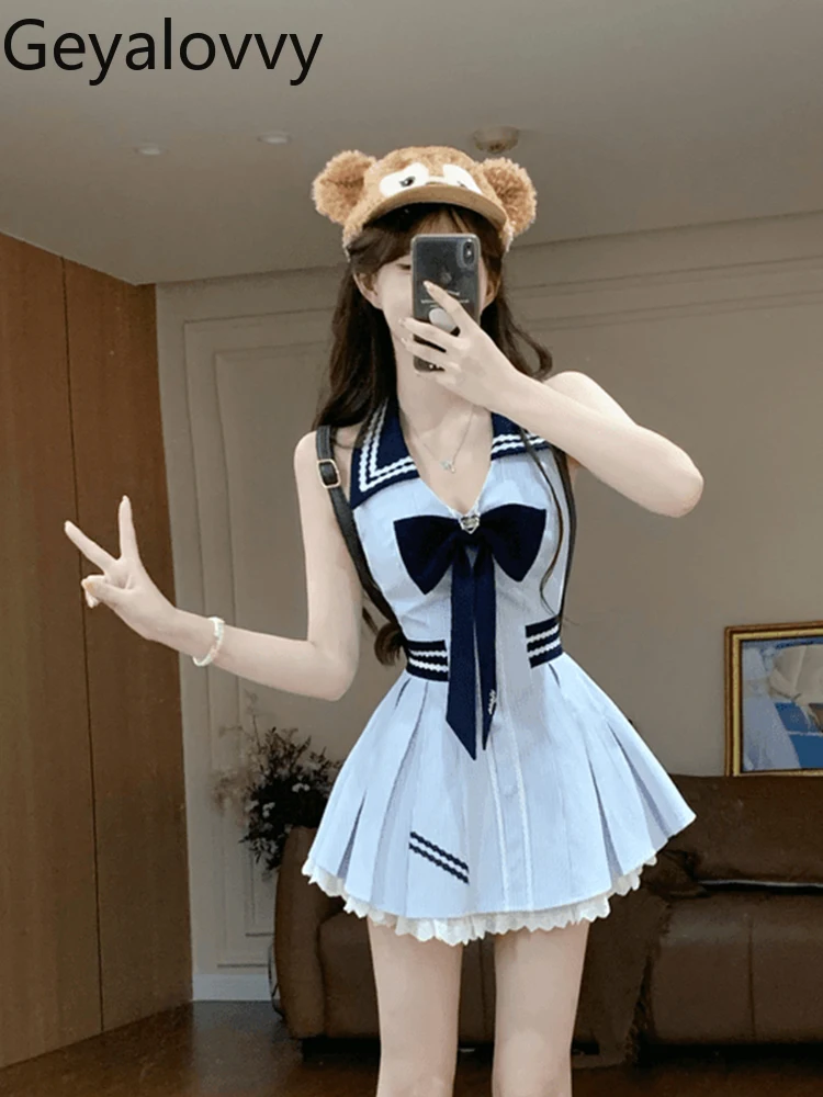 Novedad de verano, vestido sin mangas de encaje de Color contrastante de estilo universitario francés, vestidos de cintura alta con lazo de temperamento dulce para mujer