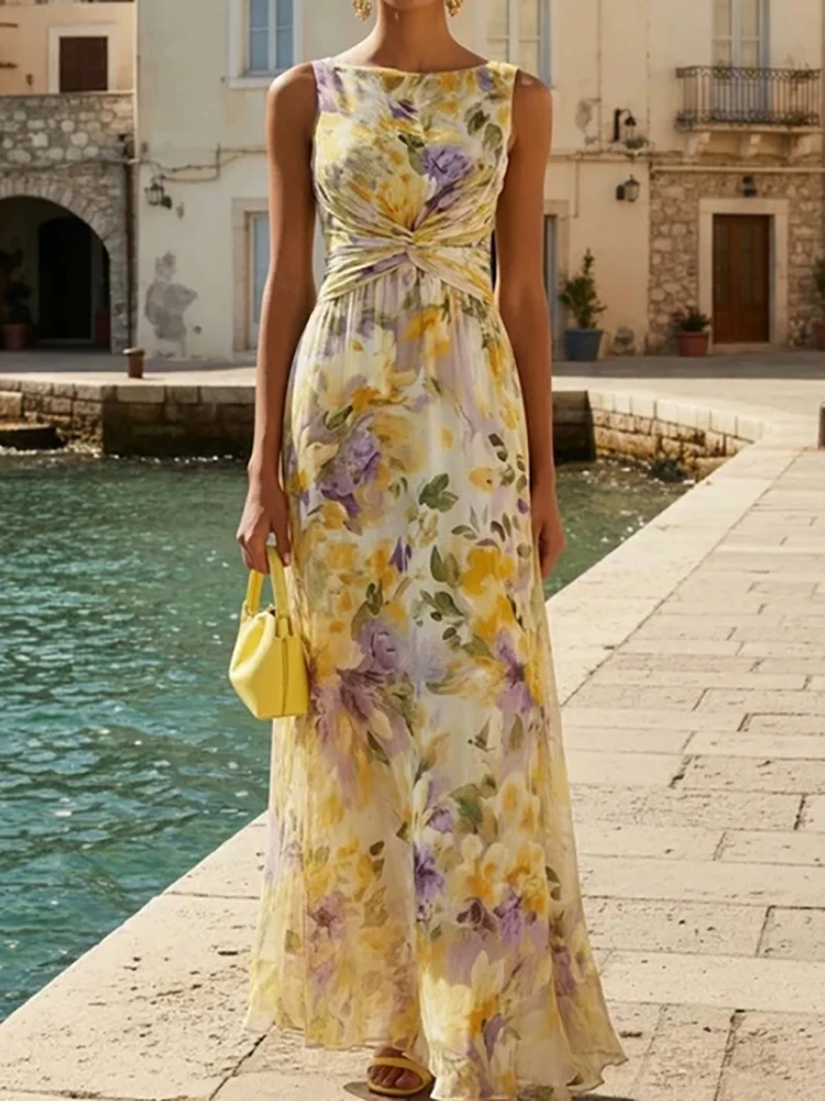 Lady High Waist Hollow Out Party Dress Elegant Floral Printed O-neck Chiffon Dress Temperament Sleeveless Slim Pleat Maxi Dress