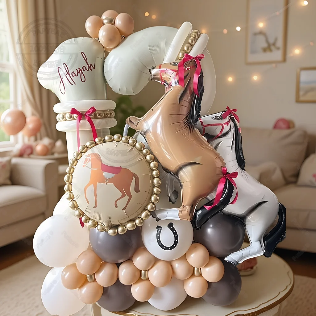 54Pcs Large Racing Horse Themed Balloon Set with 40inch 0-9 Cream Number Balloon for Birthday Western Cowboy Party Supplies view 4