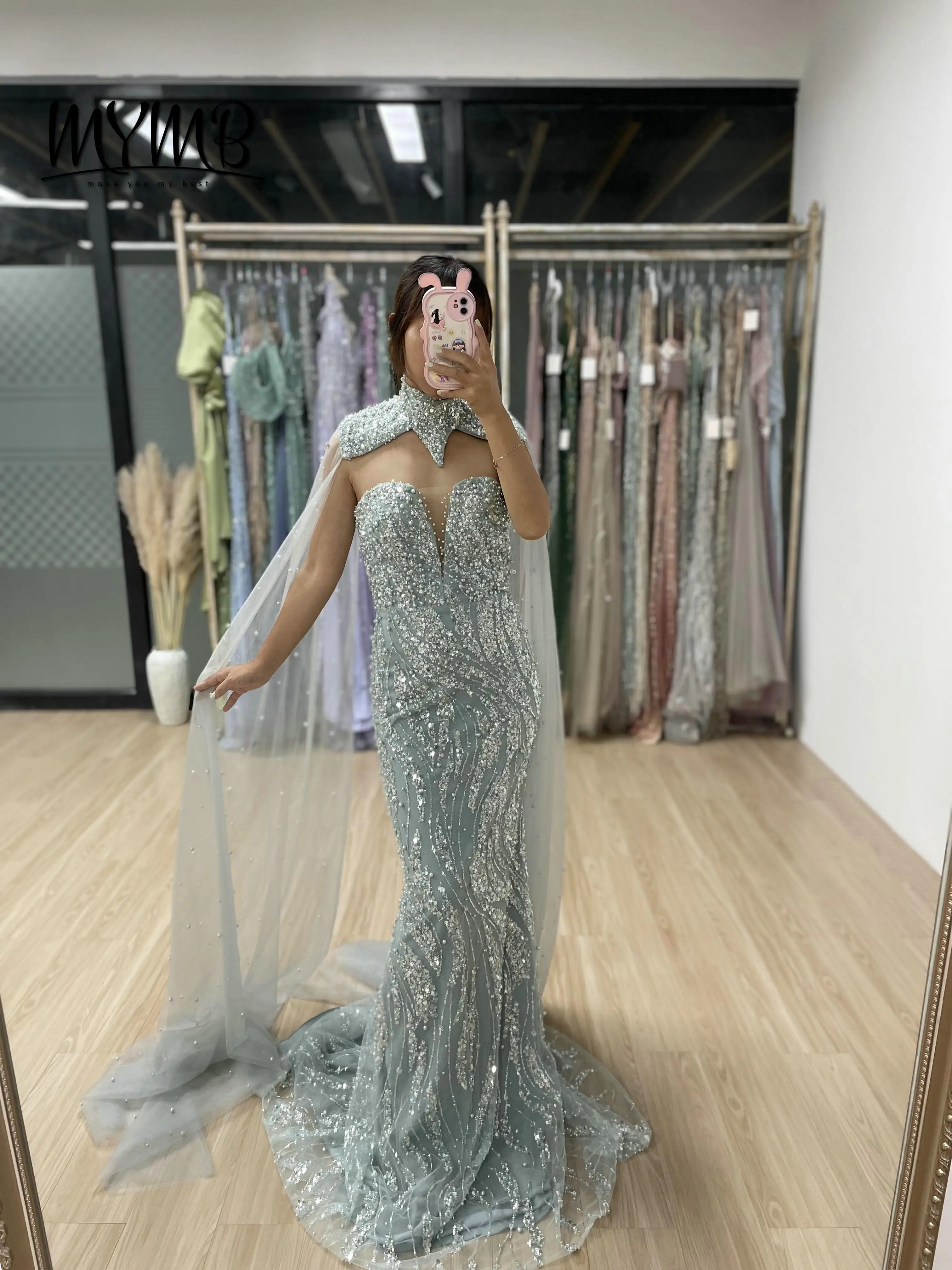 MYMB Gorgeous Detachable Cape Sleeves Wedding Party Dresses Women Elegance Sequin Pearls Mermaid Evening Dress Plus Size MY30036
