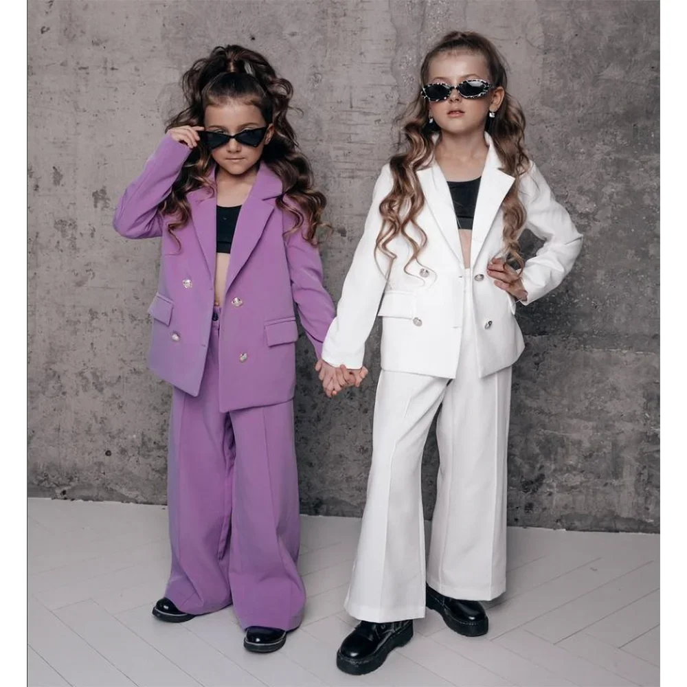 Baby Girl Clothes 2 Piece Fashion Notch Lapel Double Breasted Child Sets Casual Party Wedding Suit for Girls (Blazer+Pants)