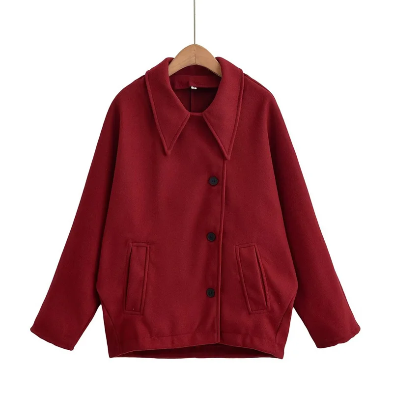 

Свободное женское шерстяное пальто с наклонными пуговицами, модная верхняя одежда, однотонное пальто из полиэфирного волокна с длинными рукавами