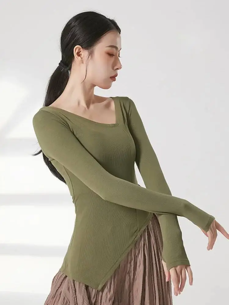 Einfarbiges, langärmliges, modernes Tanzoberteil mit V-Ausschnitt für Damen, dehnbares, schmal geschnittenes, zeitgenössisches Übungskostüm-Jazz-Shirt