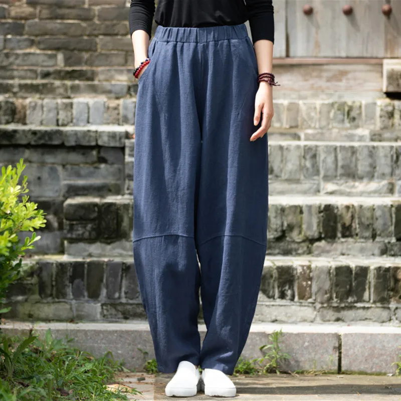 Spring Vintage cotton Linen Pants Women Casual Elastic Waist Wide Leg Pants plus pantalon large  sweatpants  cargo pants