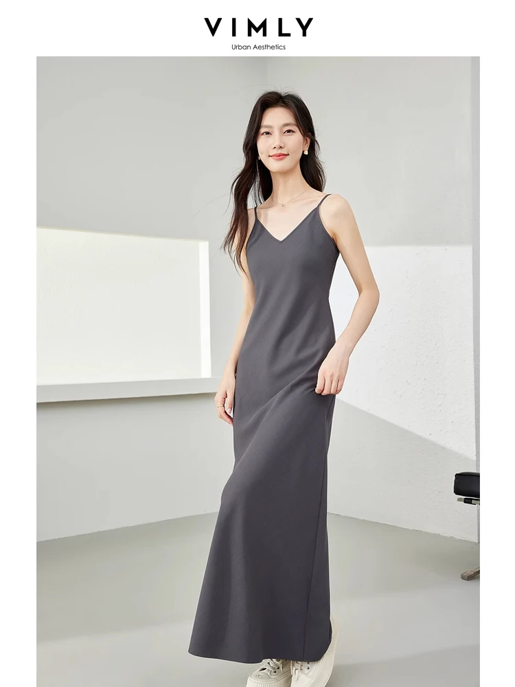 Vimly French Style V-neck Strap Dress Adjustable Sleeveless Grey Maxi Dresses 2024 Spring New Elegant Women's Clothing M6187