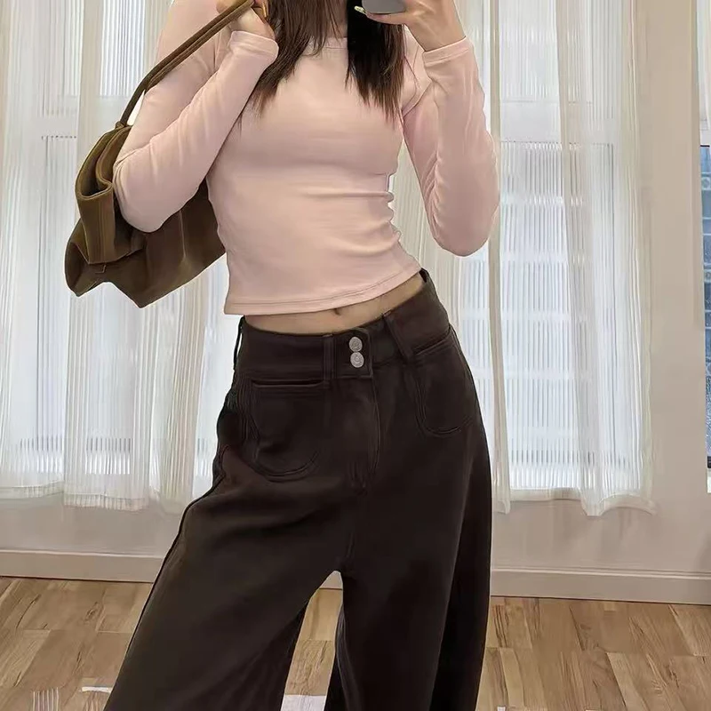 Vintage Brown Women Flared Jeans Y2K High Waist Streetwear Loose Wide Leg Pants American Hip Hop All Match Straight Denim Pants