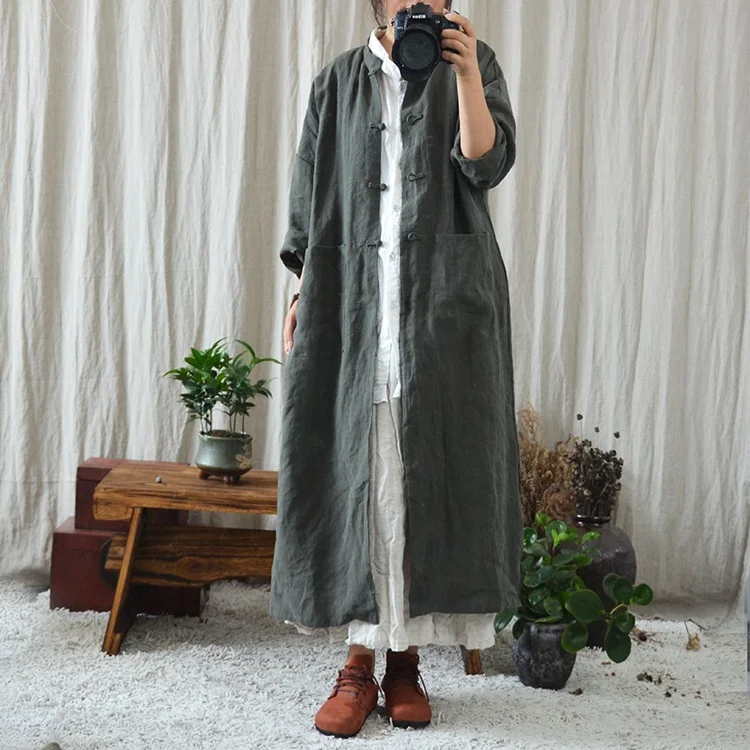 معطف نسائي للخريف والشتاء من الكتان مع زر عتيق صيني Sle للتنقل الفني بقصة ضيقة وياقة طويلة Sve