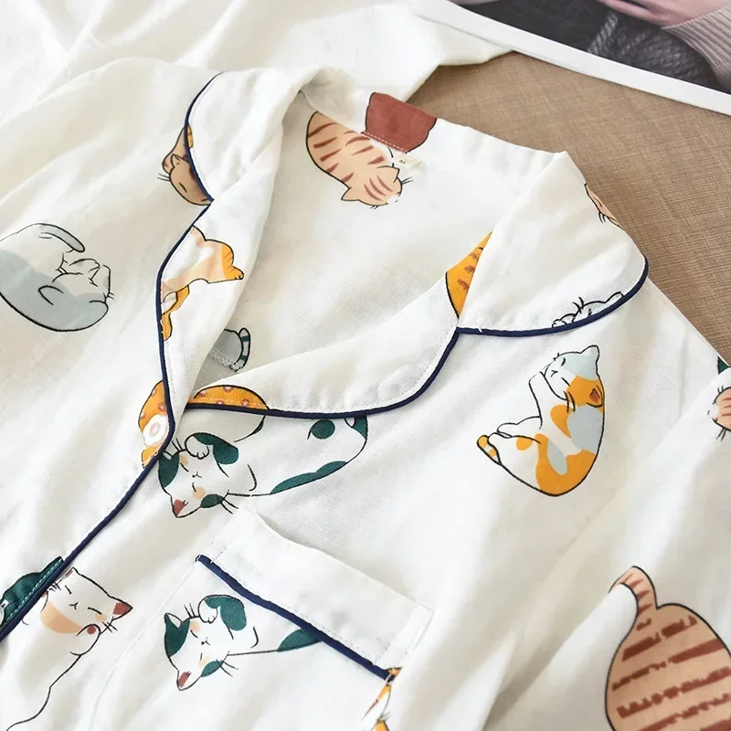 Japanese Summer Ladies New Pajamas Two-piece 100% Cotton Gauze Thin Short-sleeved Shorts Cute Cat Cartoon Home Service Set Women