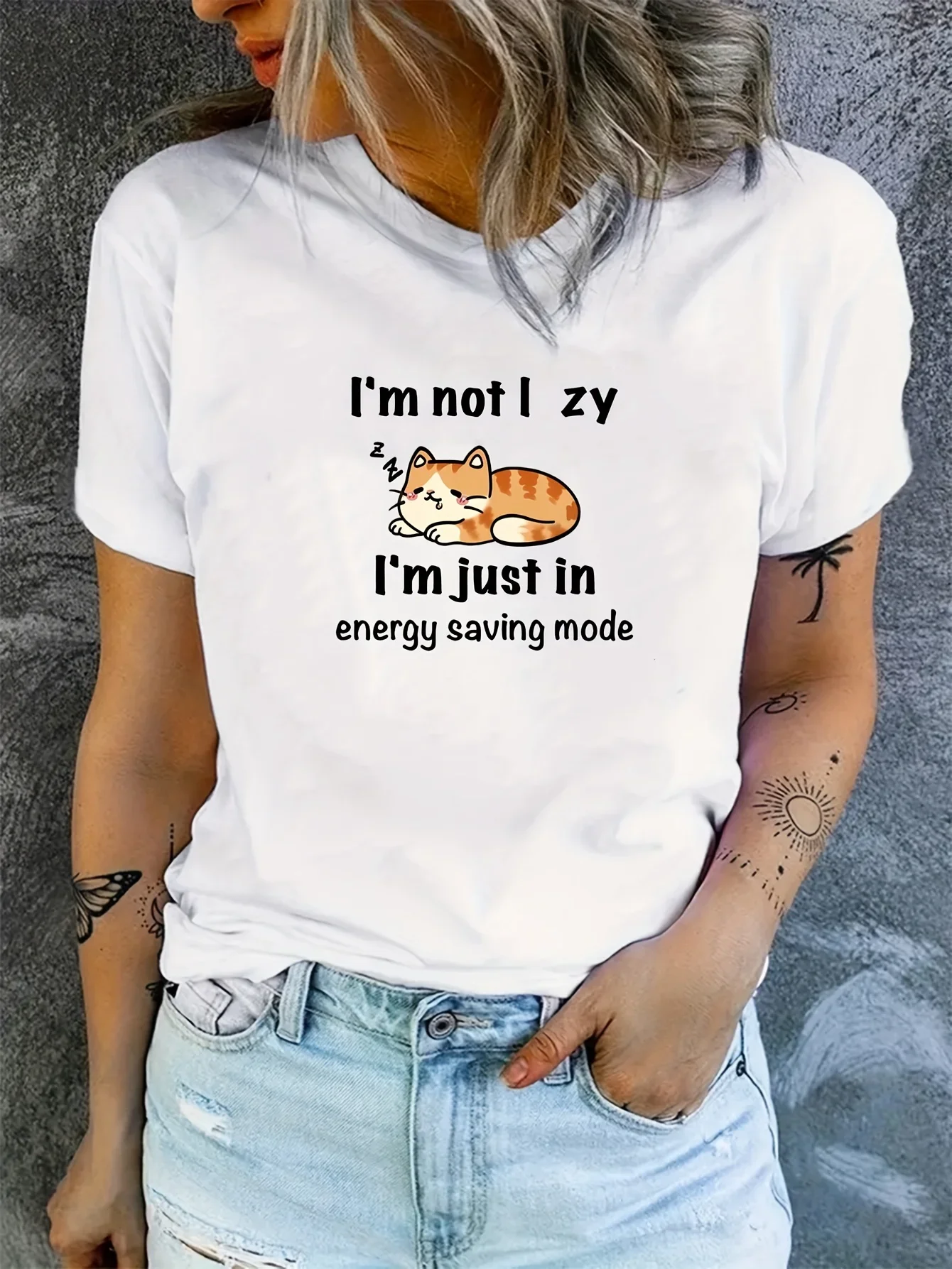 T-shirt girocollo con grafica Cute Cat & Slogan, t-shirt Casual a maniche corte primaverile ed estiva, abbigliamento donna