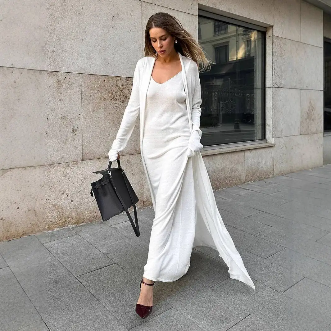 

Autumn Soft 2025 Cover-up Set for Women: Knitted Long Sleeve Cardigan + Camisole Dress Set Dress Robe Vestido Women Elegant