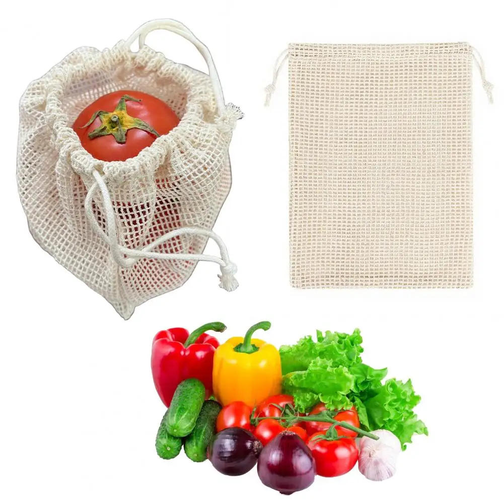 Cotton Mesh Produce Bags Plastic-free Produce Bags Reusable Cotton Mesh Storage Bag with Drawstring Breathable Hollow Design