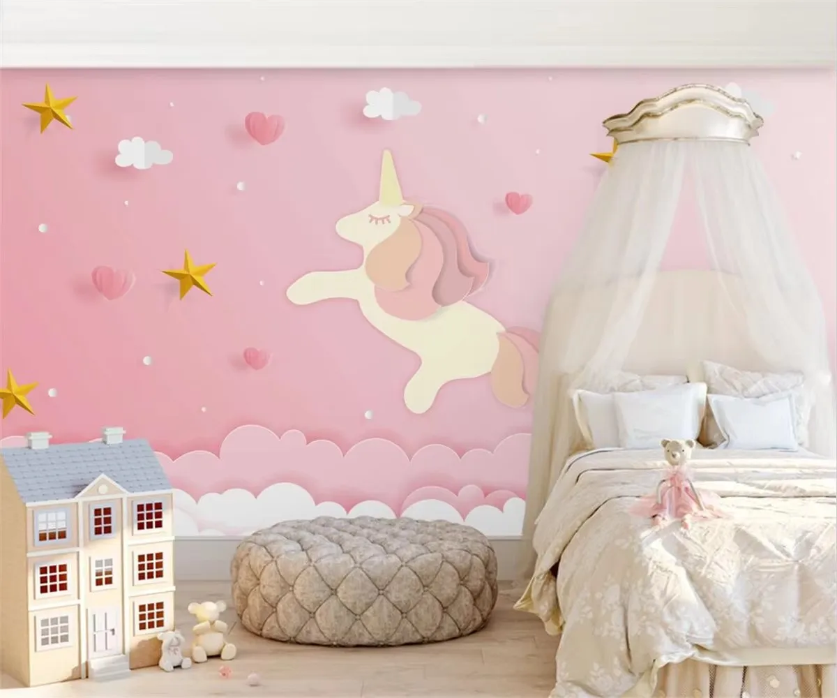 Custom papel tapiz wallpaper pink clouds fantasy unicorn stars Girl room kids room background wall mural stickers wallpaper