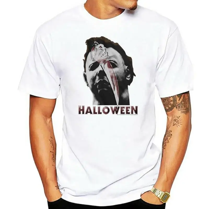 Men Halloween Tall T-Shirt Michael Myers Close Up with Knife Black Tee