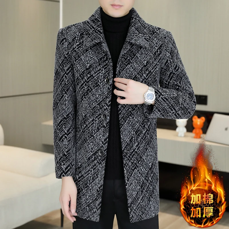 

Fashion Men's Striped Woolen Coats Business Casual Cotton-Thicken Overcoat Clothing Winter Outwear Warm Top Windbreaker Jackets