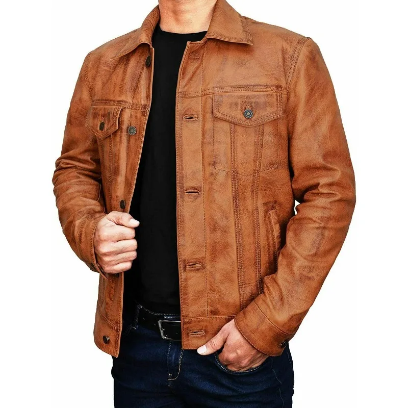 Men\'s Brown Trucker Vintage Jacket Classic Style Real Lambskin Leather Jacket Fashion Trends