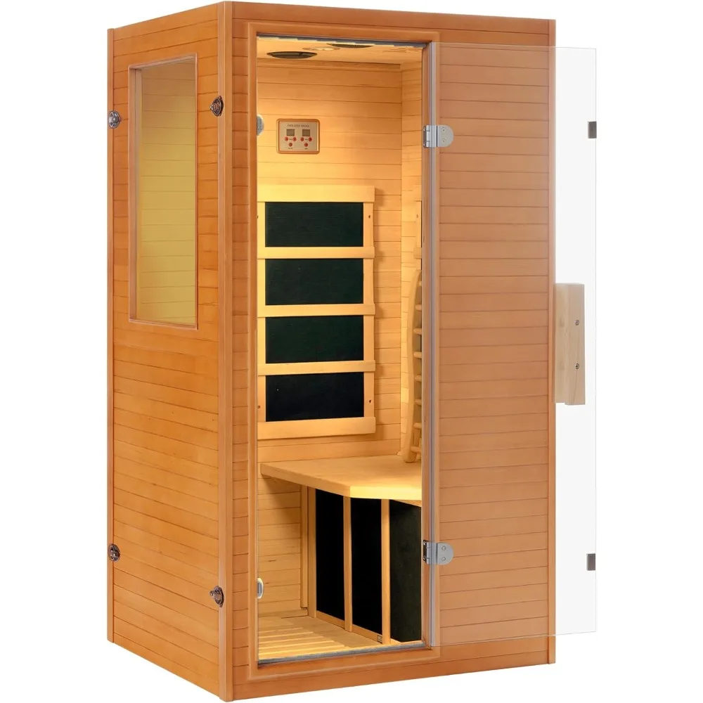 Sauna infrarroja para 1 persona, Sauna doméstica Hemlock, sala de Saunas secas interiores de madera, paneles calefactores bajos EMF 950W/110V, altavoces Bluetooth