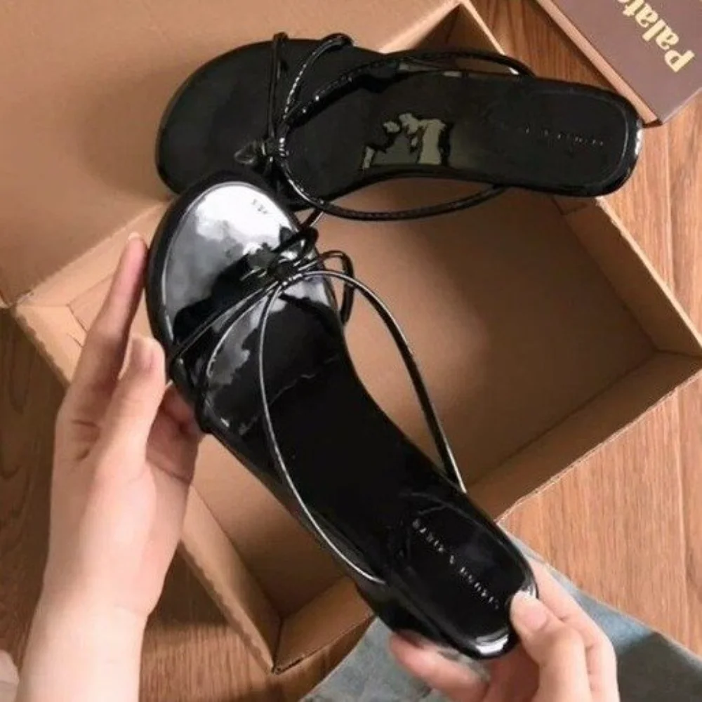 Women's Black Patent Leather Slides, Thin Strap Open Toe Sandals, Comfortable Footwear for Summer Casual Wear