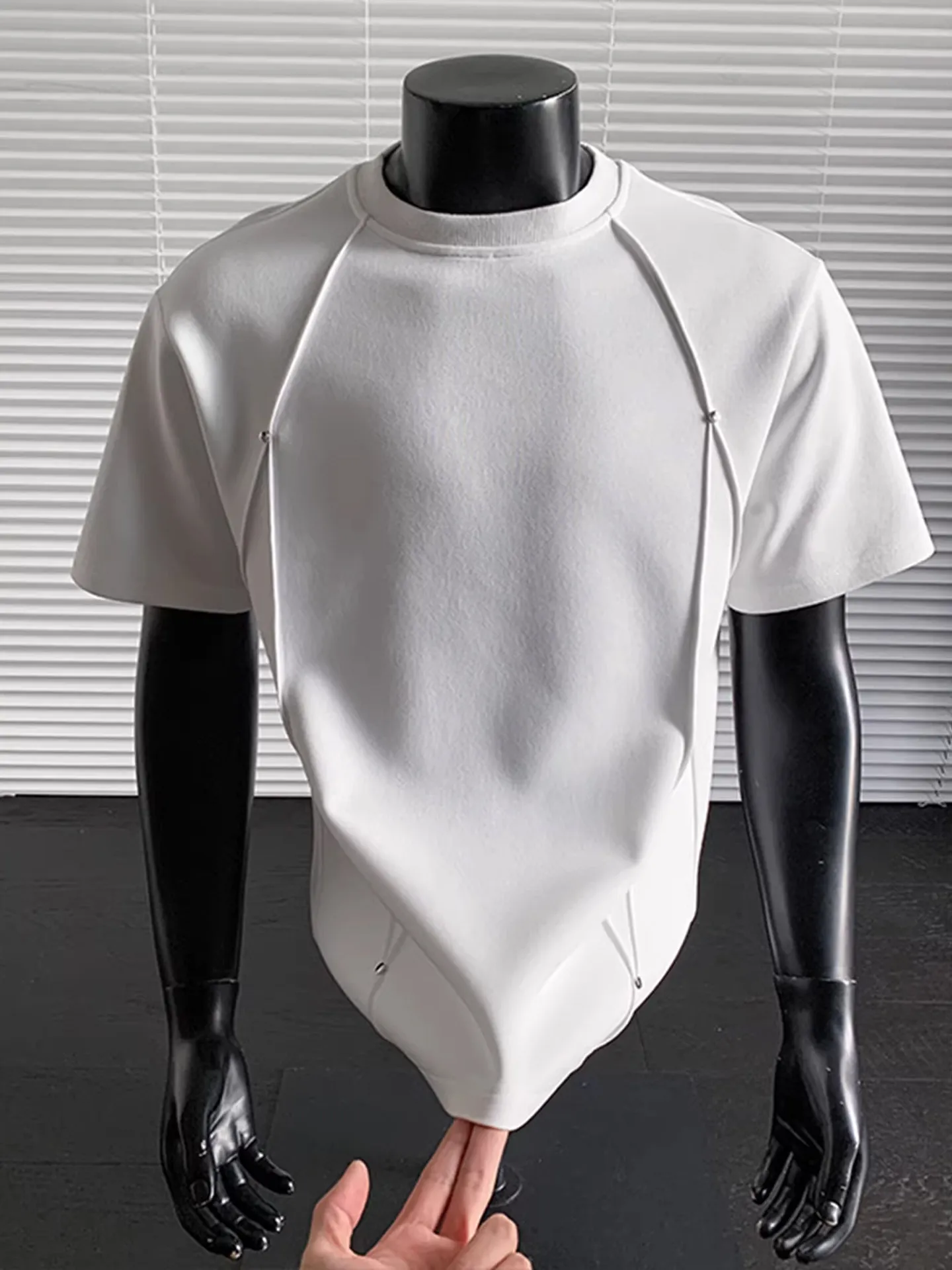 Heavyweight Deconstructed Rivet Short Sleeve T-Shirt Men's American Cleanfit Shoulder Small Collar Body Shirt Half Sleeve