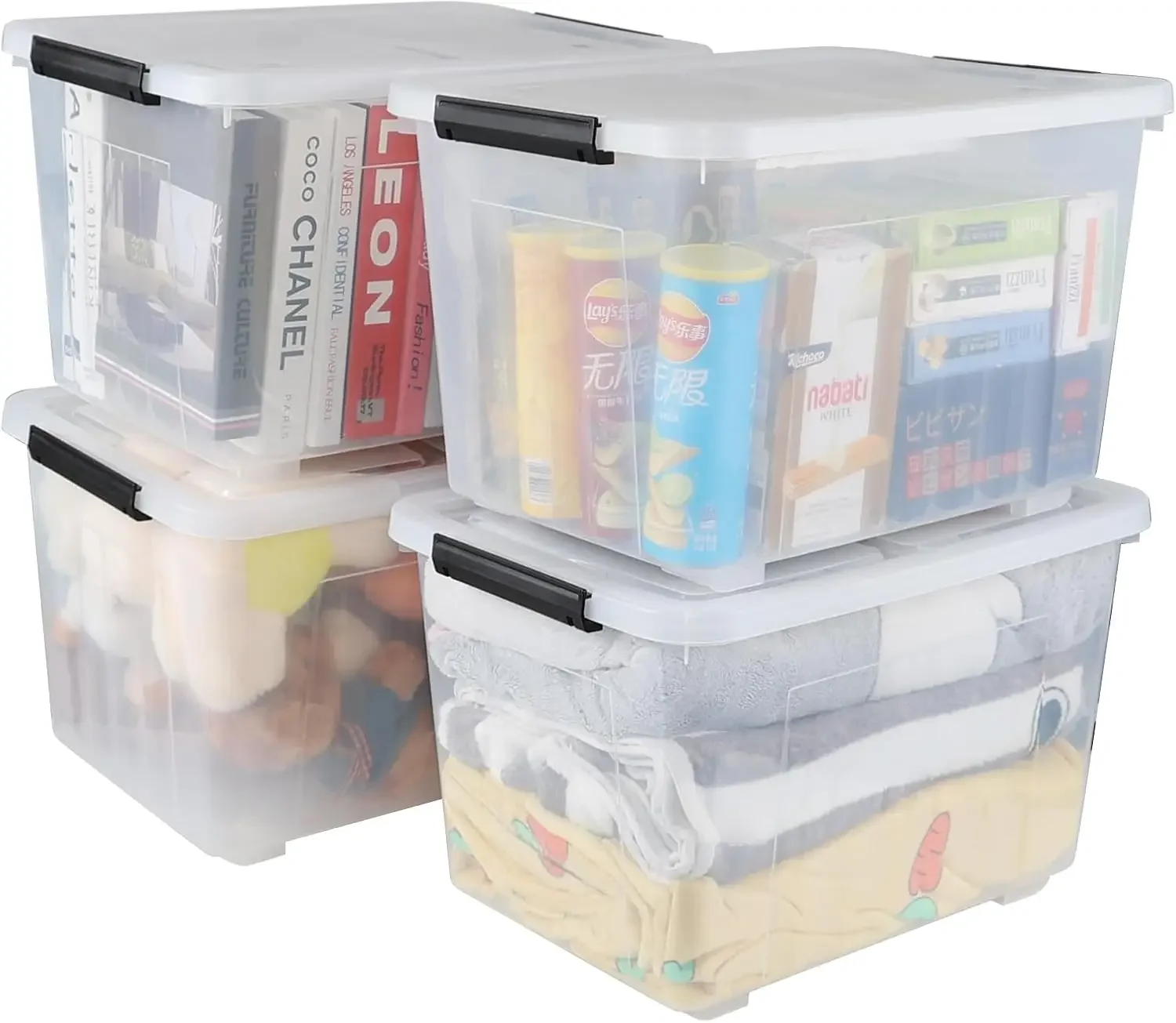

50 Quart Clear Latching Box with Wheels, 4 Packs Plastic Lidded Storage Bin
