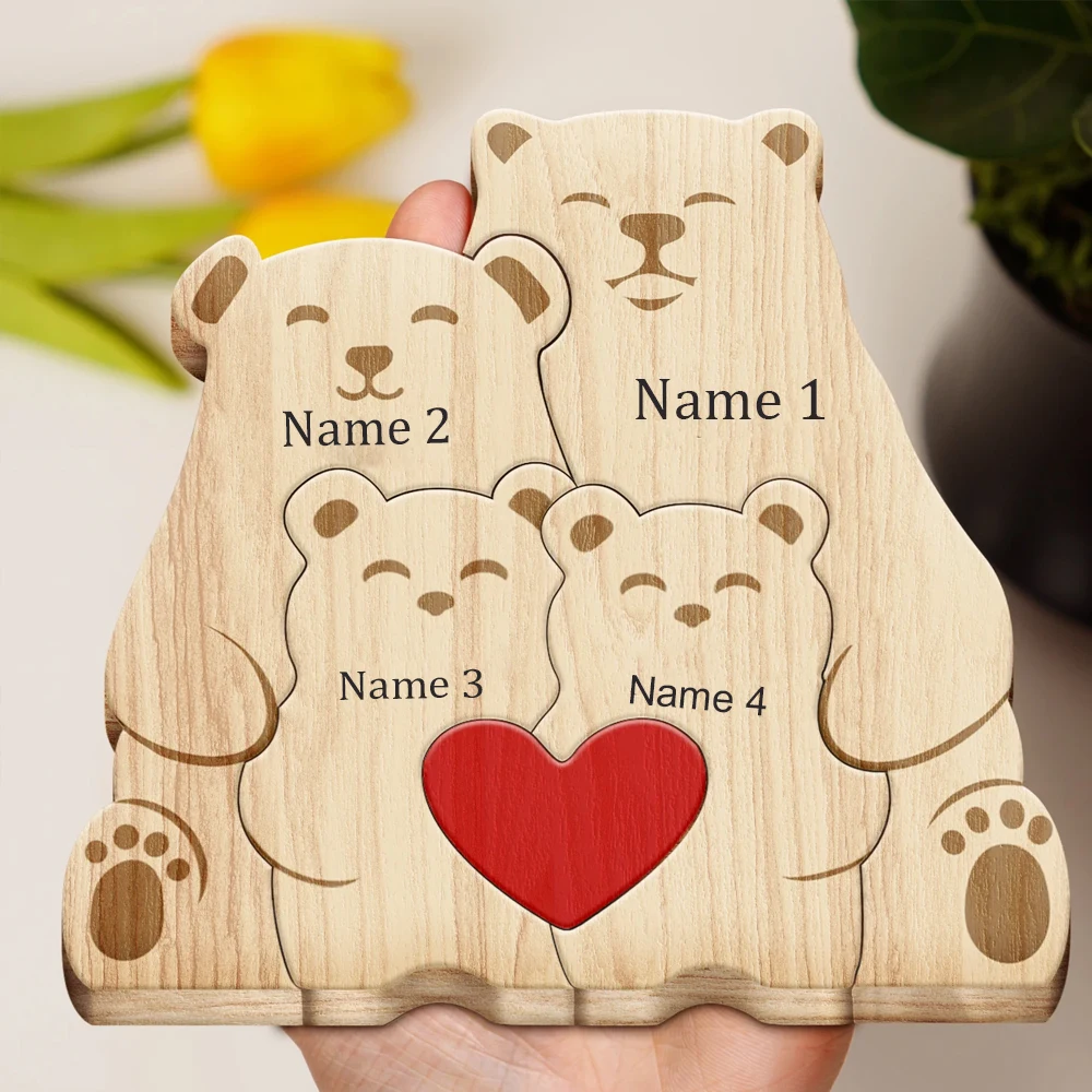 Wooden Family Art Puzzle Personalized Custom Bear Shaped Wooden Carvings Sculpture Table Ornaments Decor Gift For Family Members