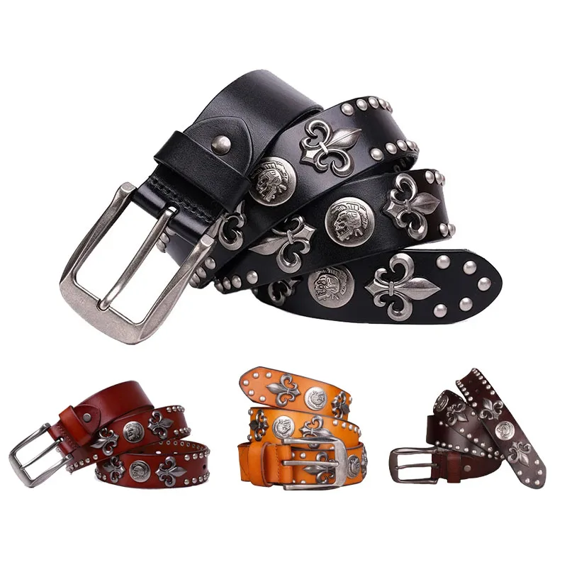 High quality metal genuine leather belt top layer cowhide men's and women's rivets punk rock belt hip-hop style denim retro