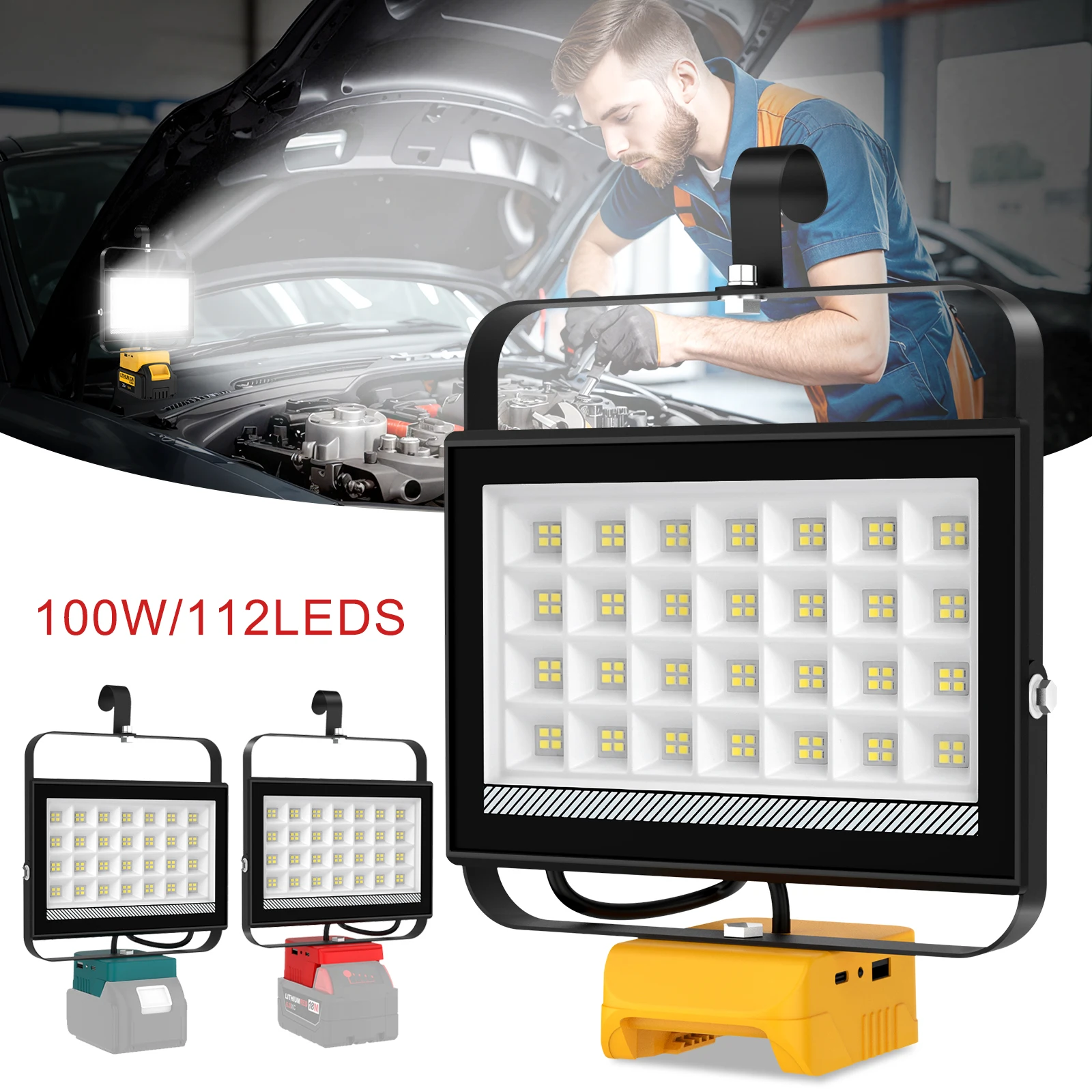 6000k Portable 100W 112LEDs Work Light With Hook Handheld Emergency Camping Rechargeable Flood Light for DeWalt Makita Milwaukee