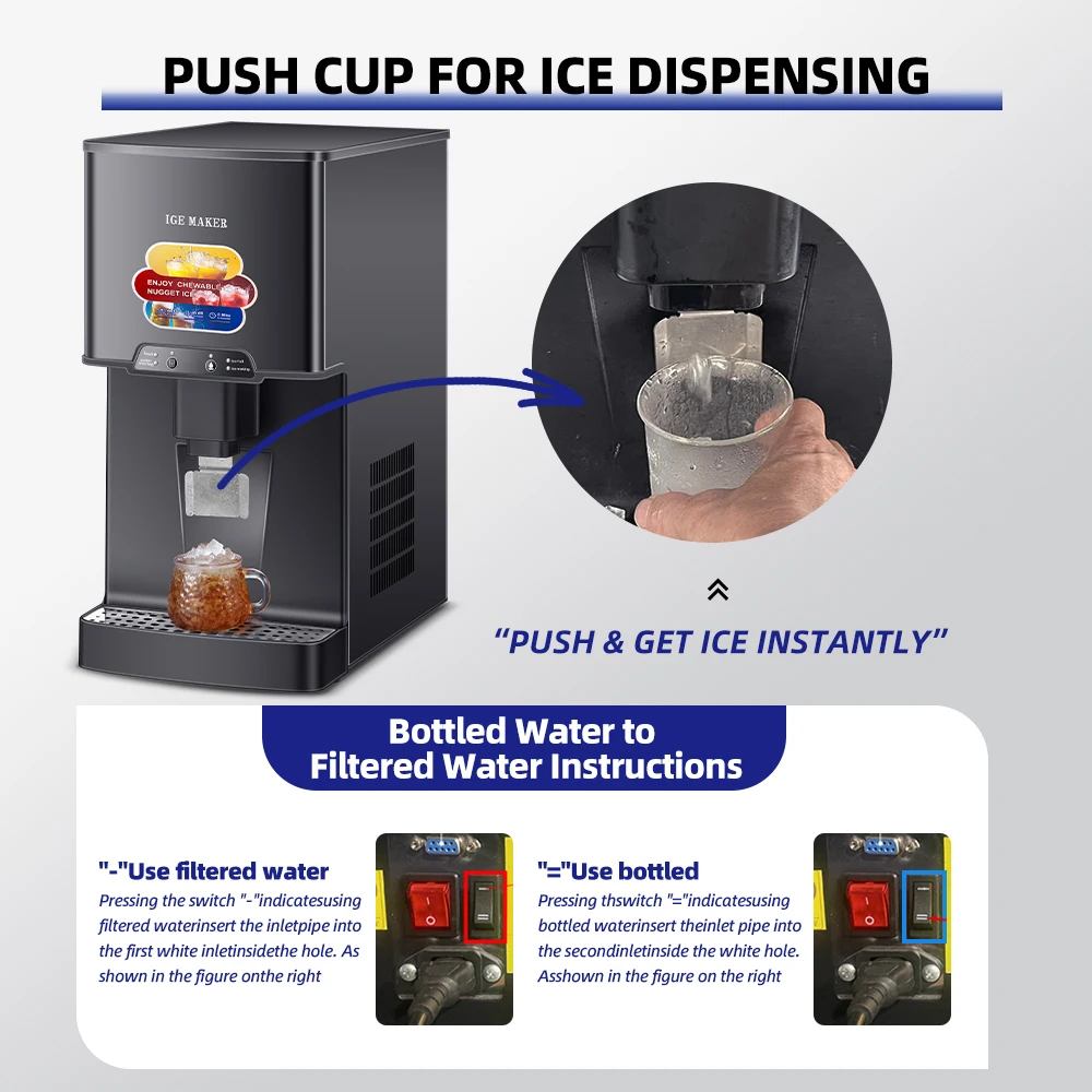 High Output 120KG/24h Pebble Ice Machine Commercial Chewable Ice Maker for Home Shop Push the Cup and Serve the Ice