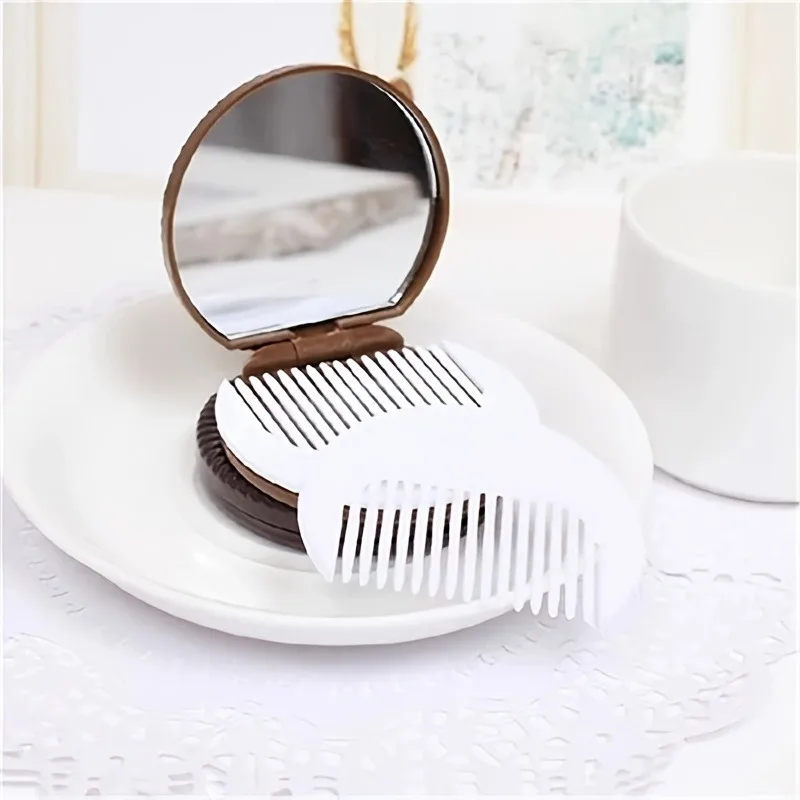Portable Folding Makeup Mirror and Comb Cookie-Shaped Compact Design for Travel On-The-Go Touch-Ups Ideal Gift Makeup Lovers