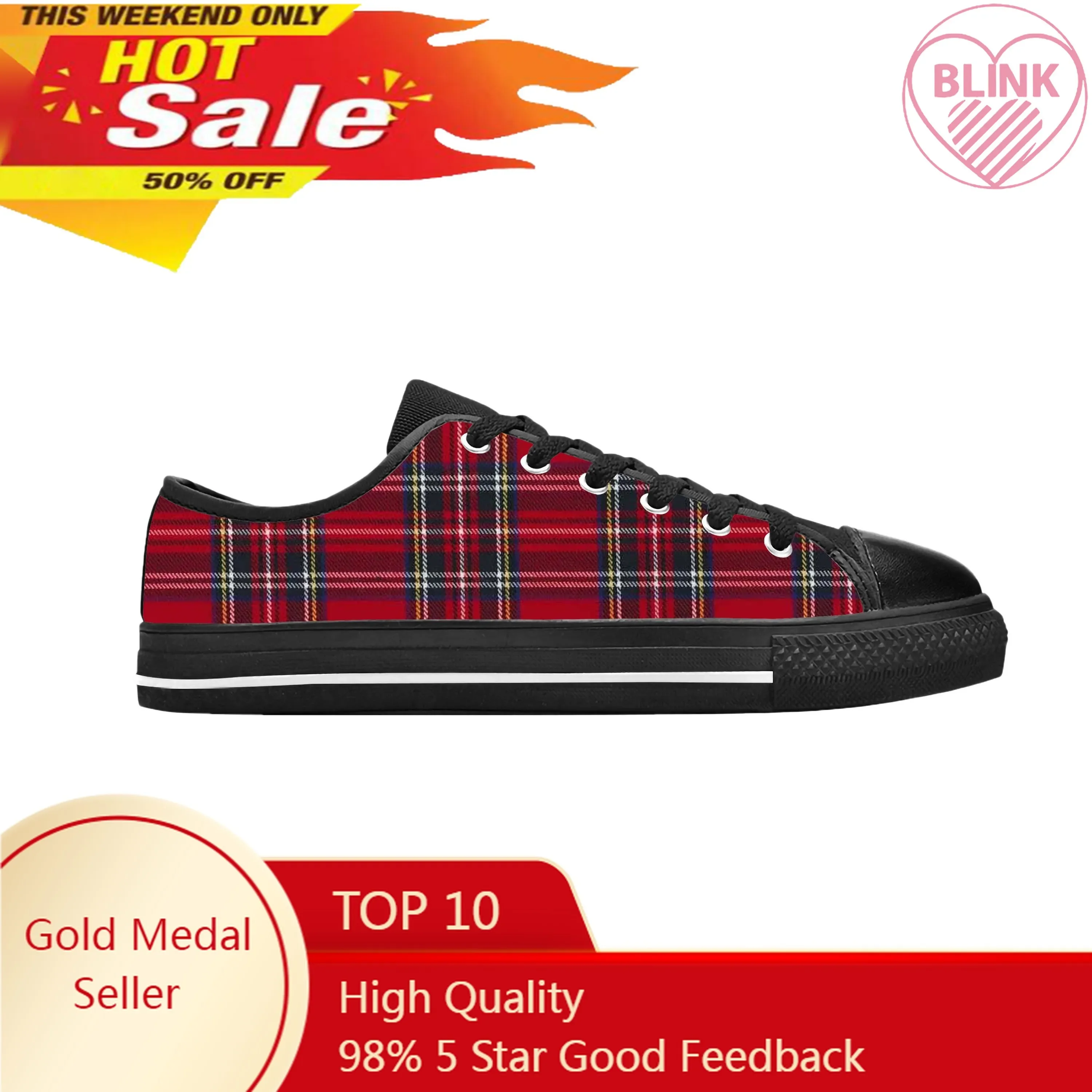 

Red Scottish Royal Stewart Clan Tartan Plaid Funny Casual Cloth Shoes Low Top Comfortable Breathable 3D Print Men Women Sneakers