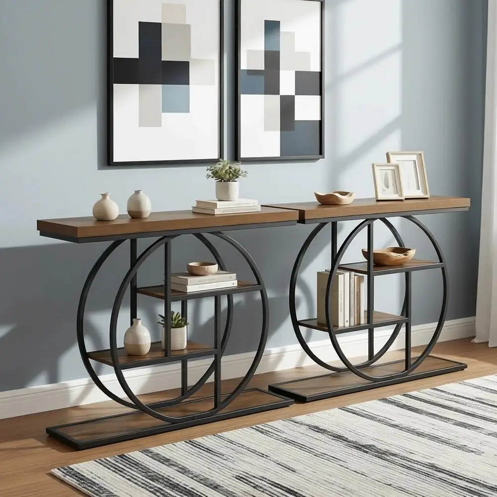 

41-дюймовый столик для прихожей в деревенском стиле, коричнево-черный, с местом для хранения и комплект из 2 акцентных диванов