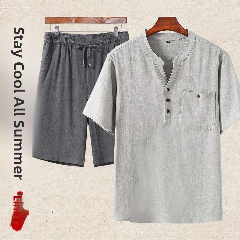 

Lin Men ort Sve T-irt Men's Mid-aged Dad Sle Summer Faion Cotton Lin Tang Suiting Set Breathable Lightweight V-nec...