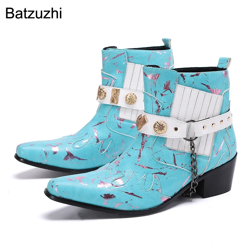 

Batzuzhi Western Cowboy Boots Men Rock Blue Leather Ankle Men's Boots with Chains and Rivets Motorcycle/Party Botas Hombre,38-46