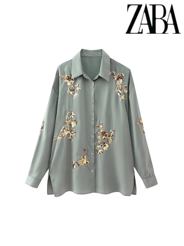 TRAF Women's Fashion Sequins Splicing Pattern Set Long Sleeve Lapel Single Button Shirt Temperament Elastic Waist Trousers Set