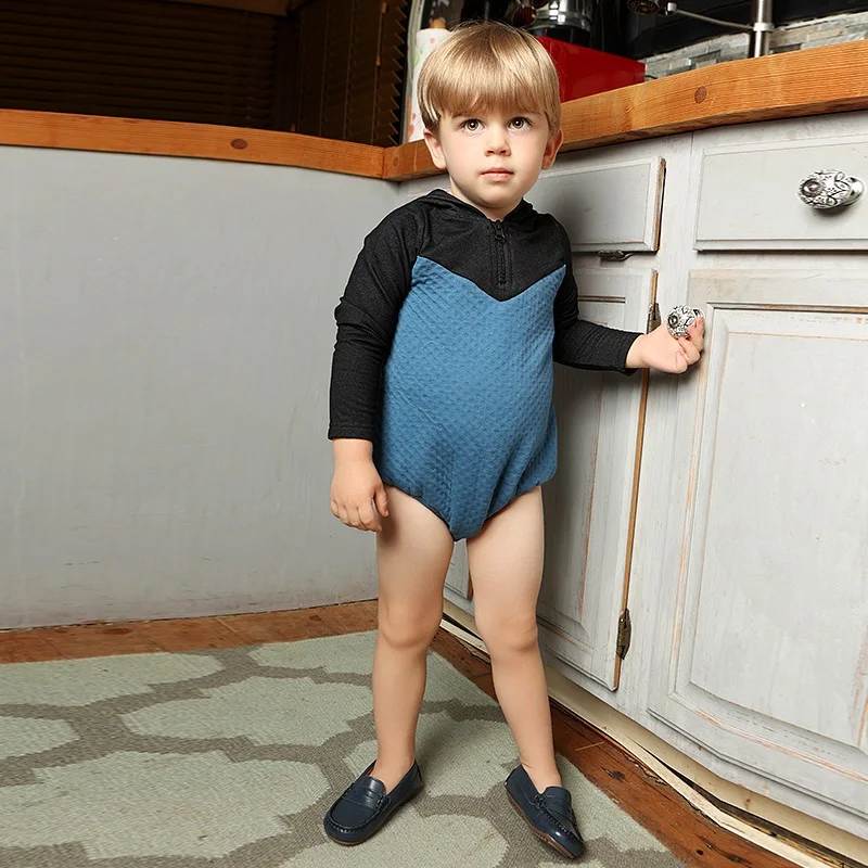 AA AW25 - Autumn children's clothes colorblock hooded set dress shirt baby romper black denim and warm interlayer fabric