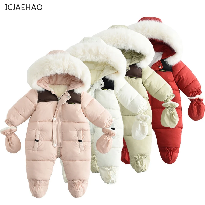 

ICJAEHAO 2024 Baby Girl Boy Clothing Winter Rompers Hooded Thick Warm Windproof Outdoor with Pocket Glove Newborn Romper Coat