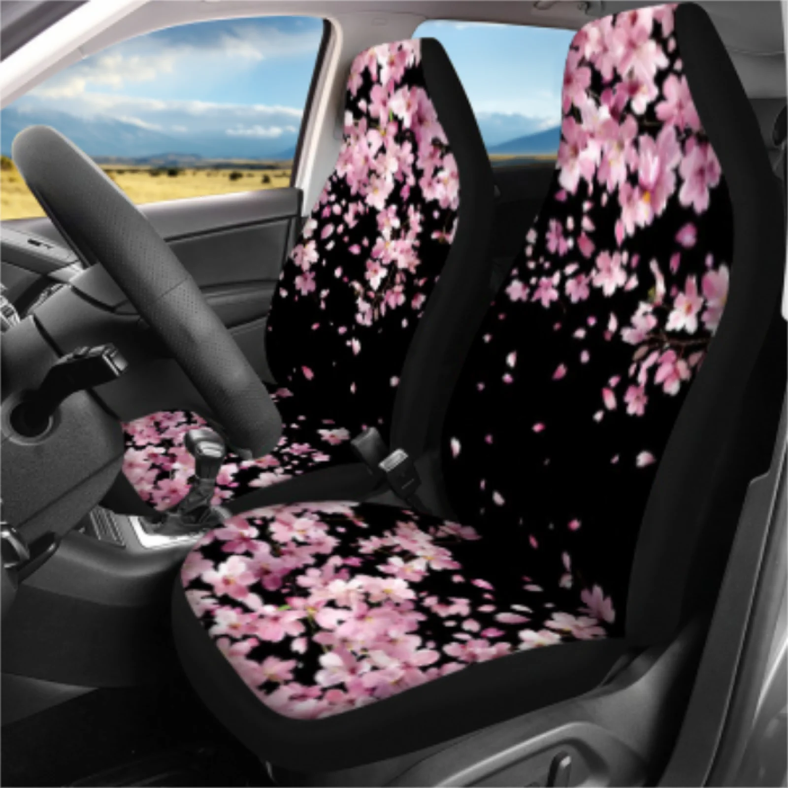 Coloranimal Cherry Blossom 14 Pieces Automobile Seat Covers Set with Stretch Steering Wheel Cover and Auto Center Console Pad