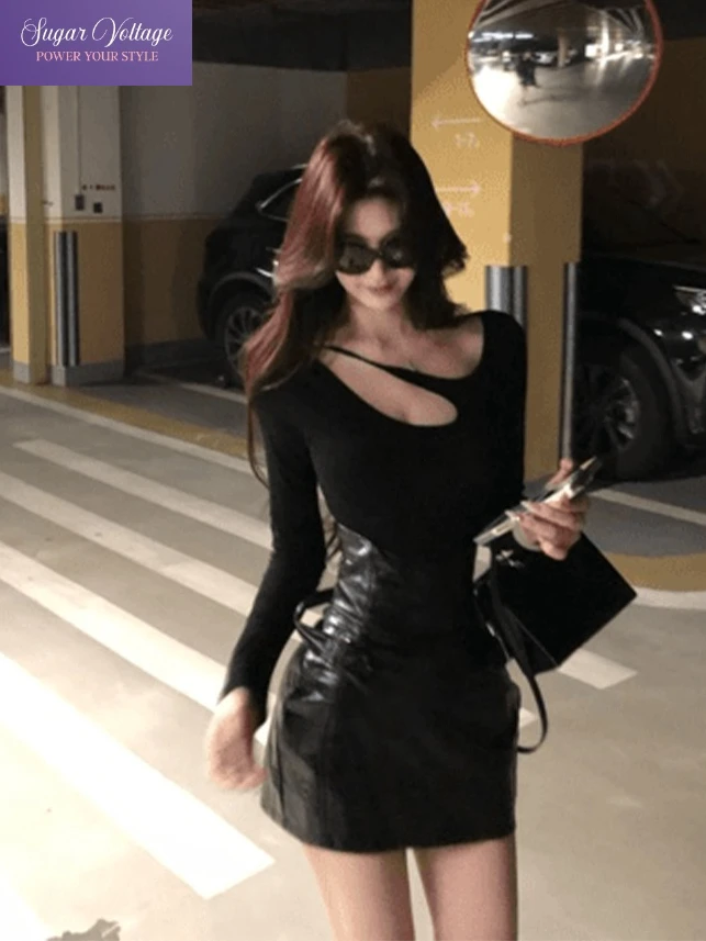 

Fashion Retro Sexy 2 Piece Set Womem Slim Fit Long Sleeve Hollow Out Tops + Faux Leather Belted Mini Skirt Casual Elegant Outfit