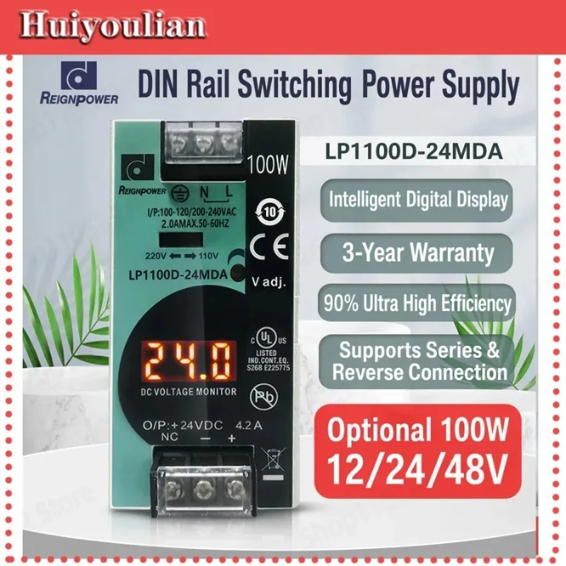 100W DIN Rail Power Supply 24V 12V, REIGNPOWER Switching Source with Digital Display and Short Circuit Overload Protection CE UL