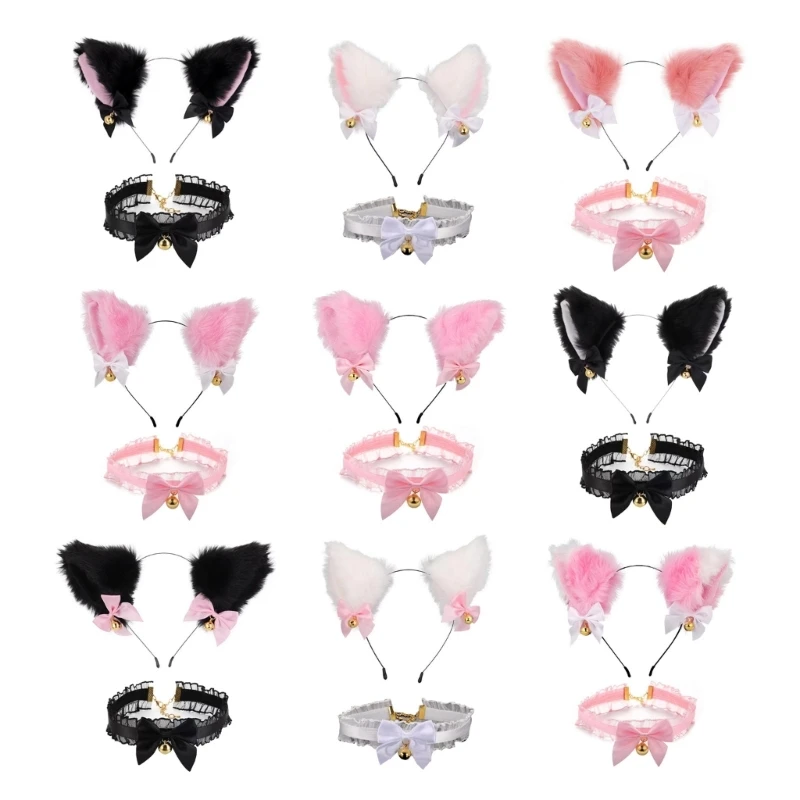 

Cute Cat Ear Bow Headband with Sweet Lace Choker Necklace Lolita Girls Halloween Cosplay Costume Set Masquerade Party Headdress