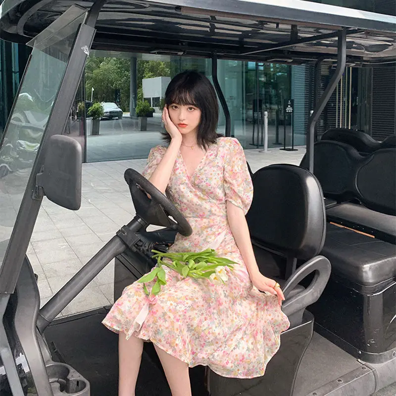 Women Summer Dress 2023 Robes New Summer Edition v-neck Floral Chiffon Female Long Oil Painting Series Vestido De Mujer CHF087