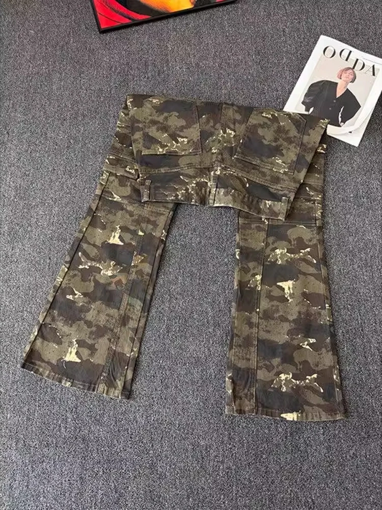 Calças Jeans Slim Fit Micro Flare com Estampa Camuflada Americana Retro para Homens, Verão, Corte Reto, Slimming Cleanfit, Ro...