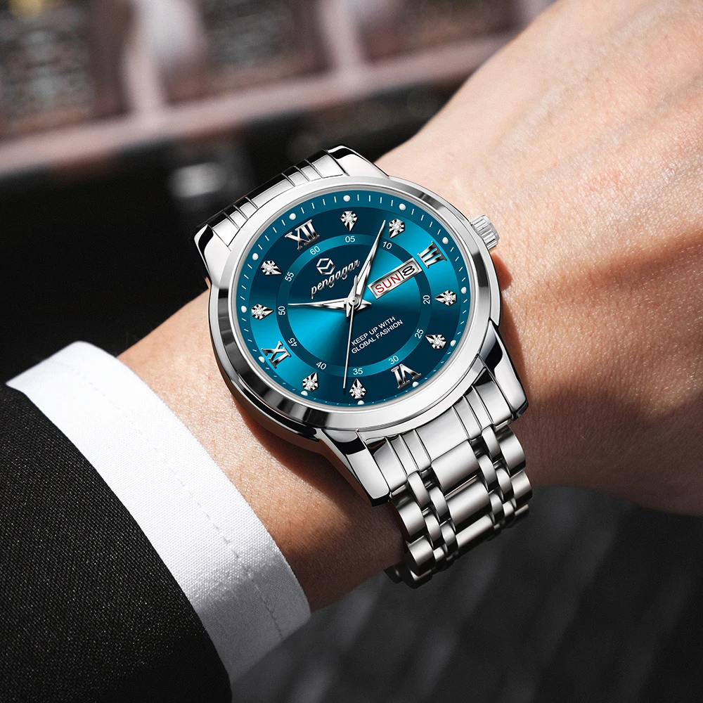 PENGAGAR ساعة فاخرة للرجال أنيقة تاريخ الأسبوع مقاوم للماء ساعة رجالية مضيئة كوارتز الفولاذ المقاوم للصدأ ساعات رياضية للرجال reloj