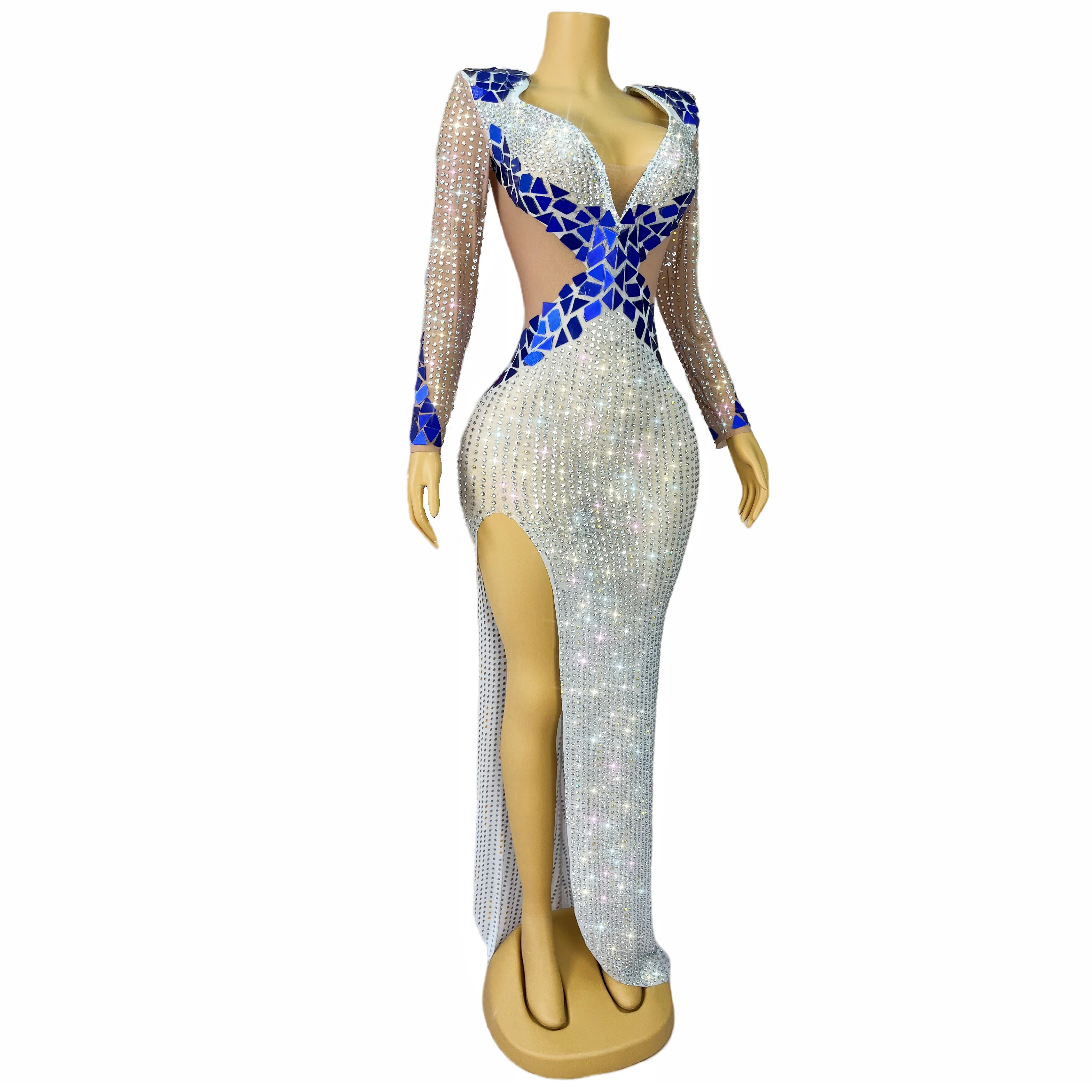 High Quality Sparkly Rhinestones Mirrors High split V-neck Dress Party Evening Outfit Red carpet Gown Stage Costume Jiaochajing