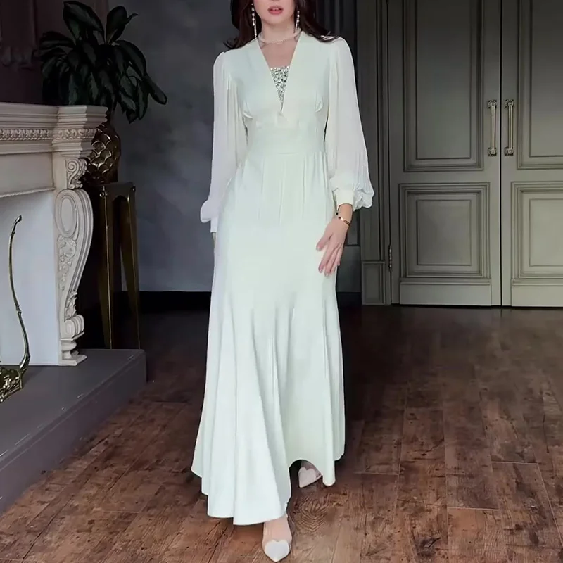 Vestido elegante de fiesta trompeta con lentejuelas y cuello en V para mujer, vestido largo plisado de cintura alta liso de primavera, vestido largo acampanado con mangas abullonadas de otoño